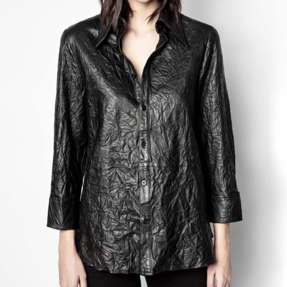 NWT Zadig & Voltaire leather Tris Cuir Froisse Shirt SIZE 38, M - Picture 5 of 10